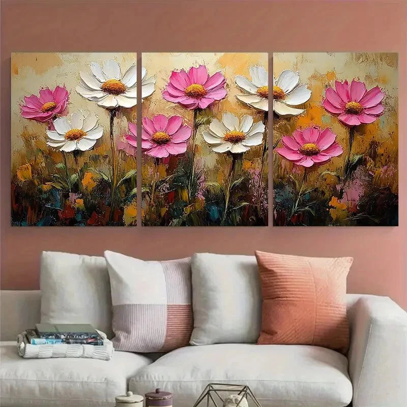 3pcs White Daisies Pink Flowers Textured Floral Metal Print Ready to Hang Art - Bella Home Decor