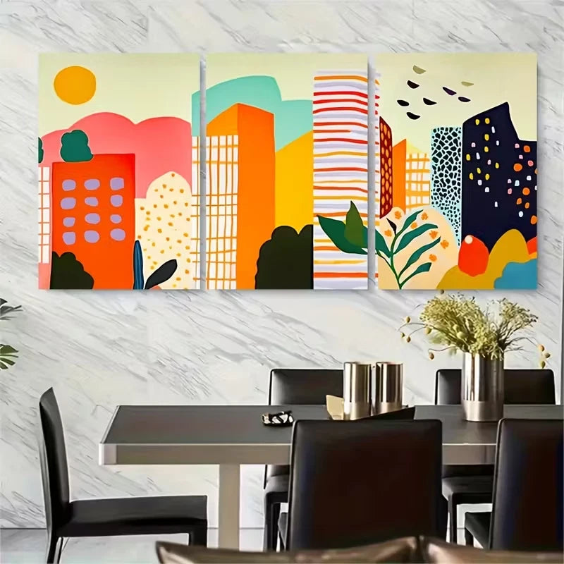 3pcs , Colorful City Skyline Artwork Metal Print Ready to Hang Art - Bella Home Decor