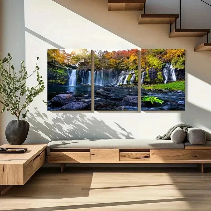 3pcs Vibrant Autumn Waterfall Landscape Wall Art Set Canvas Framed 60x90cm - High Quality Print 100% Australian Made Wall Canvas Ready to Hang - Bella Home Decor