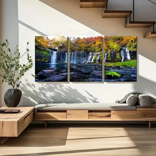 3pcs Vibrant Autumn Waterfall Landscape Wall Art Set Canvas Framed 60x90cm - High Quality Print 100% Australian Made Wall Canvas Ready to Hang