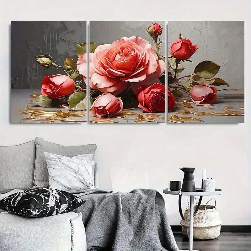 3pcs Red Rose Luxurious Floral Golden Accents Wall Art Set Canvas Framed 60x90cm - High Quality Print 100% Australian Made Wall Canvas Ready to Hang