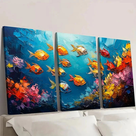 3pcs Abstract Fish School Ocean Sea AFO Framed Wall Art Set Canvas Framed 50x70cm - High Quality Print 100% Australian Made Wall Canvas Ready to Hang