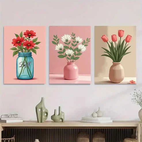 3pcs Realistic Flower Vase Blue, Pink, And Beige Wall Art Set Canvas Unframed - High Quality Print 100% Australian Made Wall Canvas