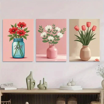 3pcs Realistic Flower Vase Blue, Pink, And Beige Wall Art Set Canvas Unframed - High Quality Print 100% Australian Made Wall Canvas