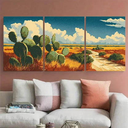 3pcs Texas Travel Cacti Illustration Wall Art Set Canvas Framed 60x90cm - High Quality Print 100% Australian Made Wall Canvas Ready to Hang