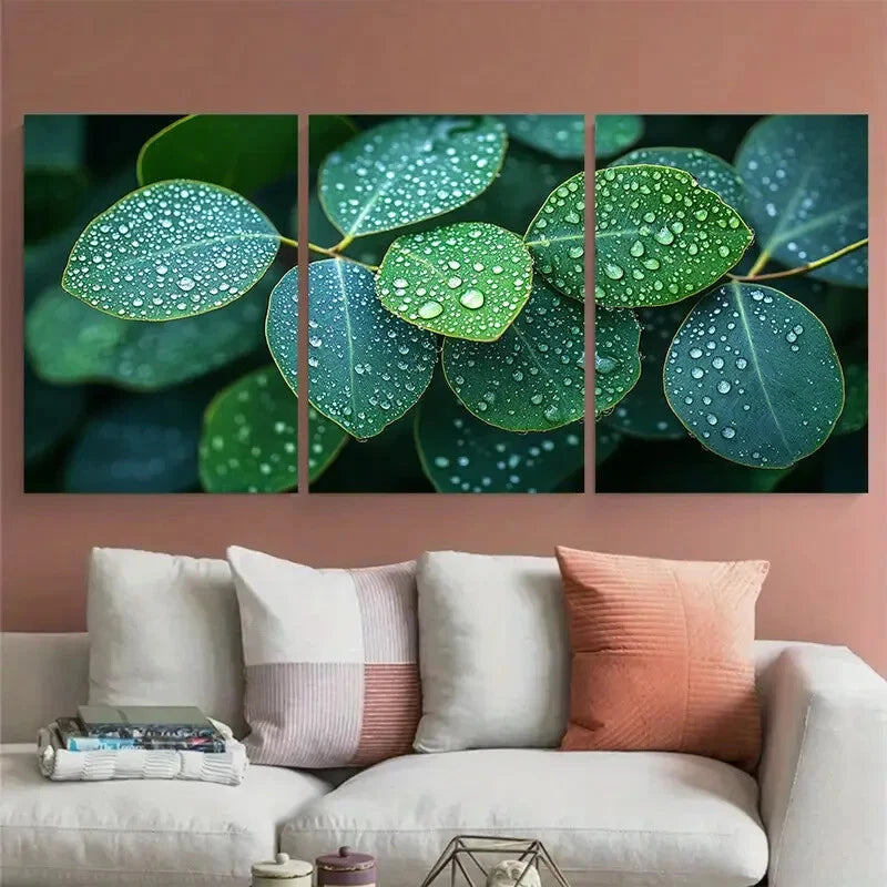 3pcs Eucalyptus Leaves Photography Raindrops Metal Print Ready to Hang Art - Bella Home Decor