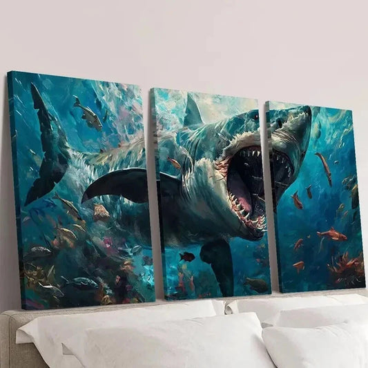 3pcs Great White Shark Canvas Animal Wall Art Set Canvas Framed 50x70cm - High Quality Print 100% Australian Made Wall Canvas Ready to Hang