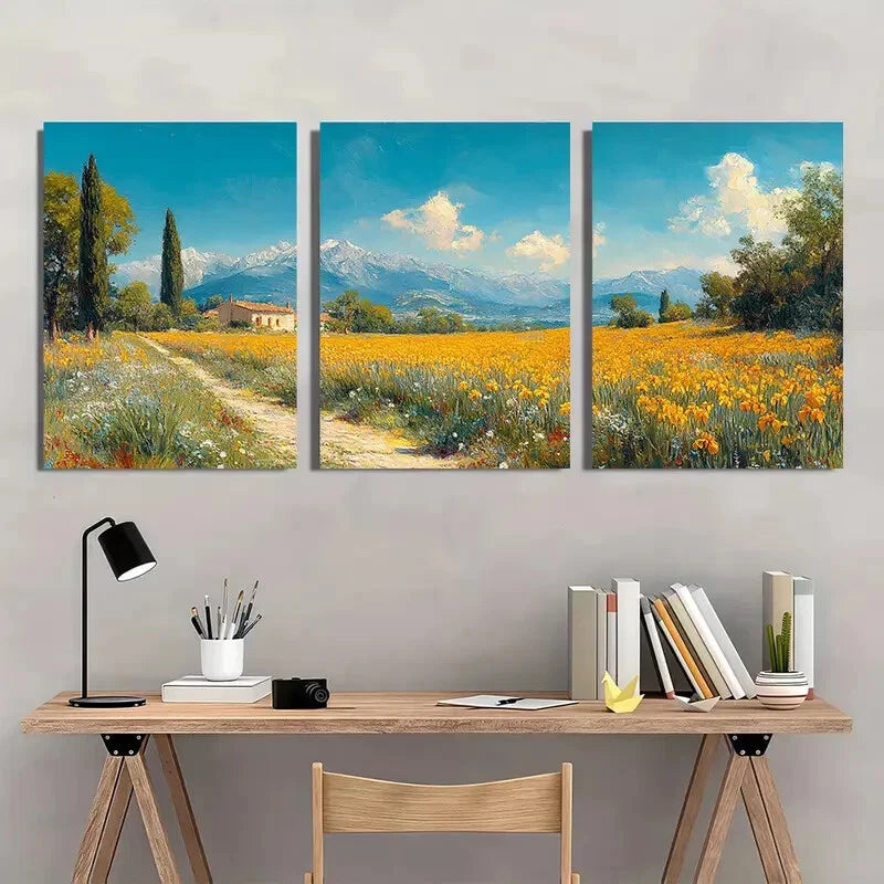 3pcs Antique-Style Yellow Irises & Cypress Trees Metal Print Ready to Hang Art