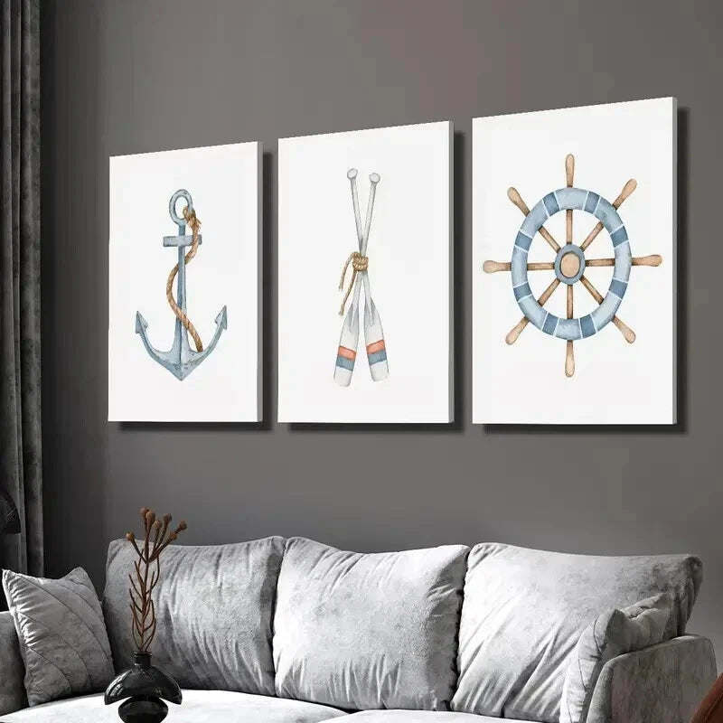 3pcs Sailboat Anchor Paddle Rudder Wall Art Set Canvas Framed 50x70cm - High Quality Print 100% Australian Made Wall Canvas Ready to Hang