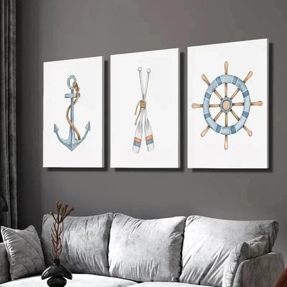 3pcs Sailboat Anchor Paddle Rudder Wall Art Set Canvas Framed 50x70cm - High Quality Print 100% Australian Made Wall Canvas Ready to Hang