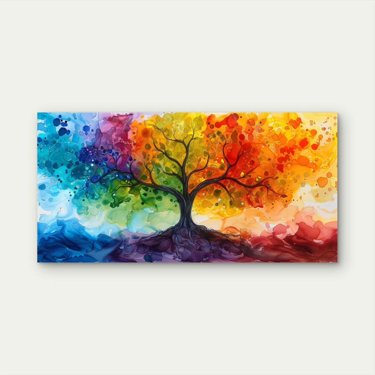 Rainbow Tree Watercolour Landscape Wall Art Canvas Office Home Framed 120x60cm