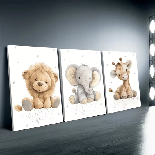 3pcs Featuring Lion, Elephant, and Giraffe Wall Art Set Canvas Framed 60x90cm - High Quality Print 100% Australian Made Wall Canvas Ready to Hang