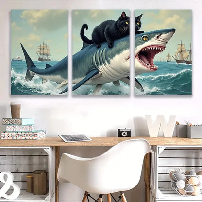 3pcs Playful Black Cat Riding Shark S   Wall Art Set Canvas Framed 60x90cm - High Quality Print 100% Australian Made Wall Canvas Ready to Hang