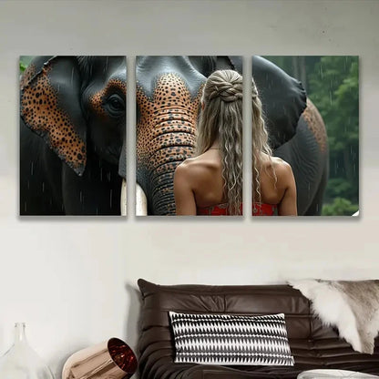 3pcs Woman In Red Dress With A Elephant Painting Wall Art Set Canvas Framed 60x90cm - High Quality Print 100% Australian Made Wall Canvas Ready to Hang