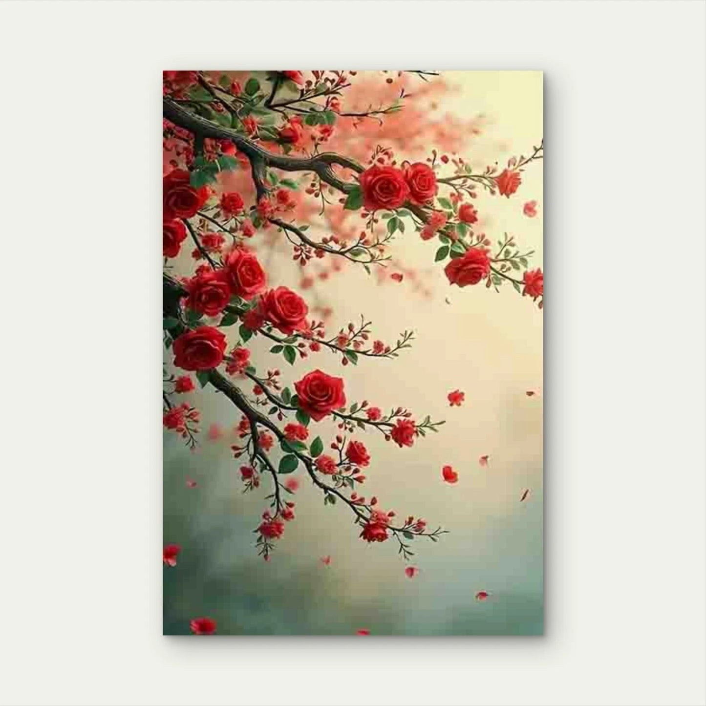 Vibrant Red Roses & Green Leaves Painting Metal Print Ready to Hang