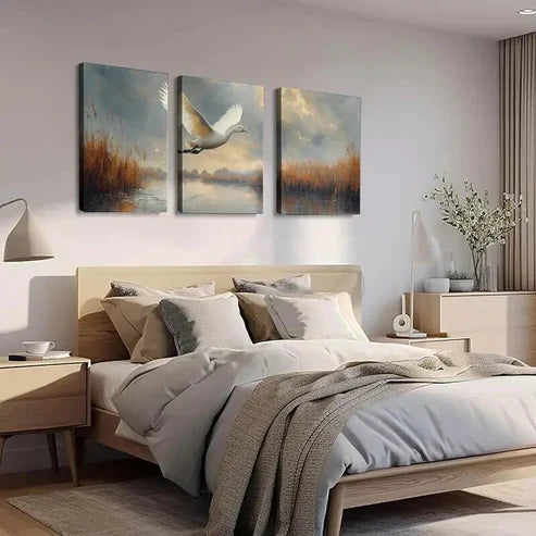 3pcs Serene Landscape with Swans and Reeds Art Set Canvas Unframed - High Quality Print 100% Australian Made Wall Canvas