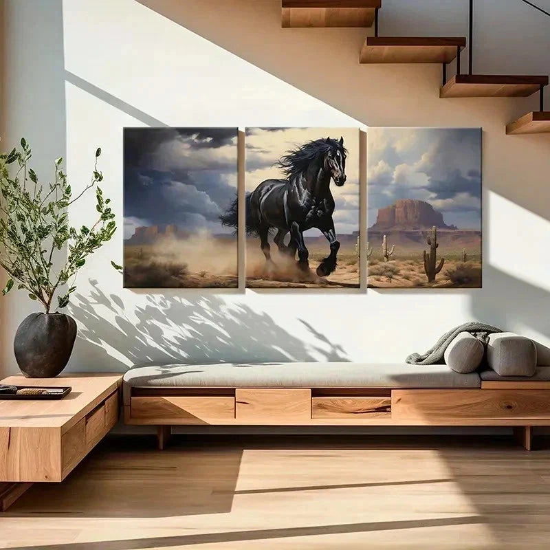 3pcs Black Horse in Monument Valley Wall Art Set Canvas Framed 60x90cm - High Quality Print 100% Australian Made Wall Canvas Ready to Hang - Bella Home Decor