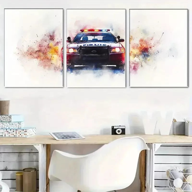3pcs Watercolor Painting Dynamic Police Car Art Set Canvas Framed 50x70cm - High Quality Print 100% Australian Made Wall Canvas Ready to Hang