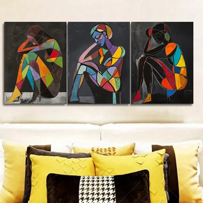 3pcs Colorful Cubist Figures in Deep Thought  Wall Art Set Canvas Framed 60x90cm - High Quality Print 100% Australian Made Wall Canvas Ready to Hang - Bella Home Decor