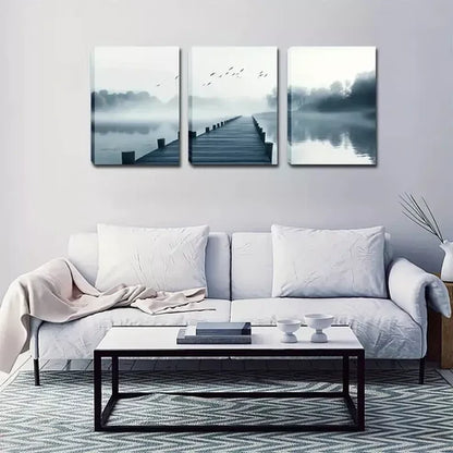 3pcs Serene Misty River Scene with Birds Wall Art Canvas Unframed - High Quality Print 100% Australian Made Wall Canvas