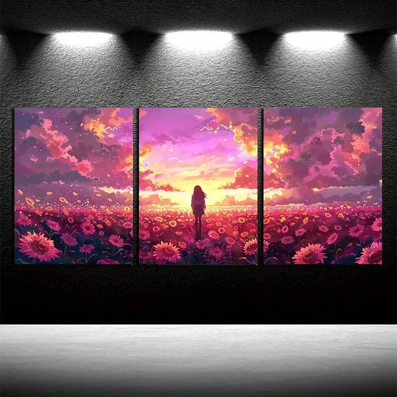 3pcs Enchanting Sunset with Girl in Floral Field Metal Print Ready to Hang Art - Bella Home Decor
