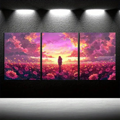 3pcs Enchanting Sunset with Girl in Floral Field Metal Print Ready to Hang Art - Bella Home Decor