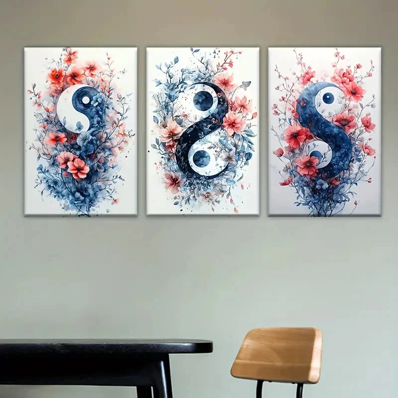 3pcs Three Paintings of Flowers and Yin Symbols Wall Art Set Canvas Framed 40x60cm - High Quality Print 100% Australian Made Wall Canvas Ready to Hang - Bella Home Decor