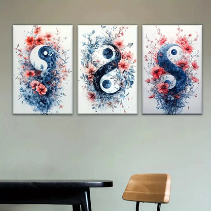 3pcs Three Paintings of Flowers and Yin Symbols Wall Art Set Canvas Framed 40x60cm - High Quality Print 100% Australian Made Wall Canvas Ready to Hang - Bella Home Decor