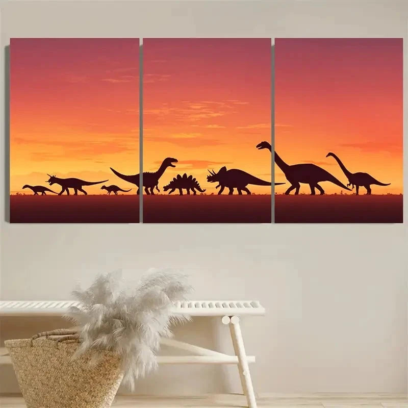 3pcs Dinosaur Silhouettes T Rex Triceratops Art Wall Art Set Canvas Framed 60x90cm - High Quality Print 100% Australian Made Wall Canvas Ready to Hang - Bella Home Decor