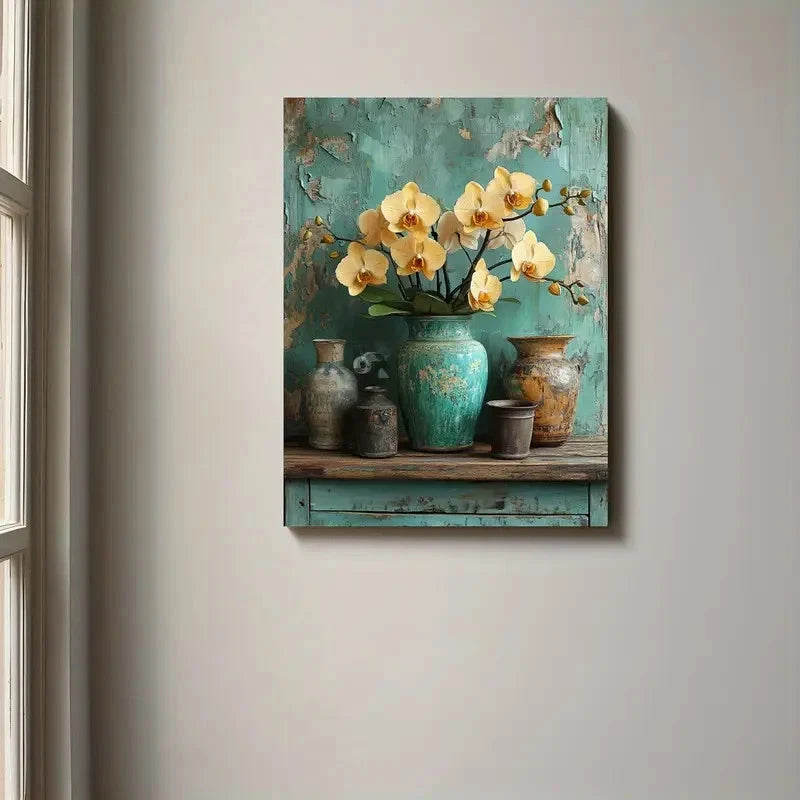 Beautiful Yellow Orchids In An Emerald Vase Painting 40x60cm Metal Print Ready to Hang