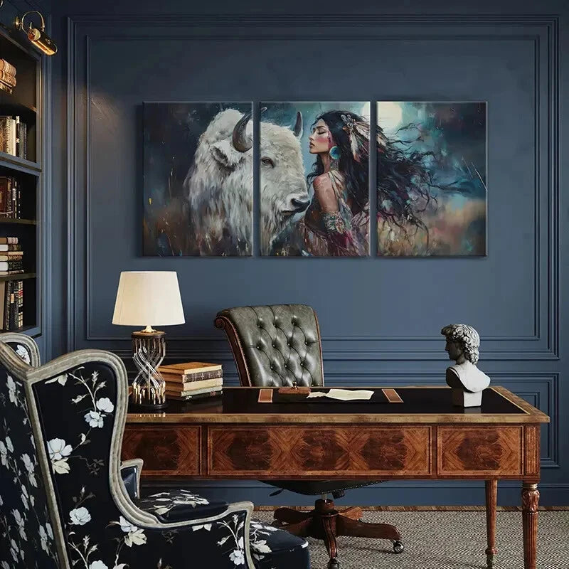 3pcs White Buffalo Dreamcatcher Tribal Woman Metal Print Ready to Hang Art - Bella Home Decor