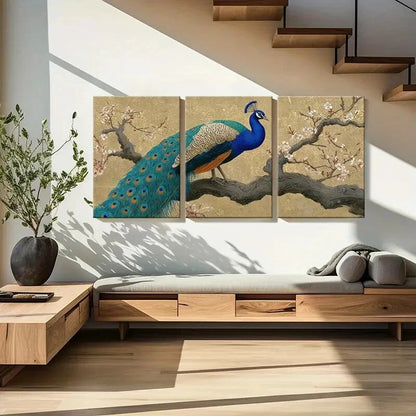 3pcs Peacock Art Blossom Branches Elegant Design Metal Print Ready to Hang Art - Bella Home Decor