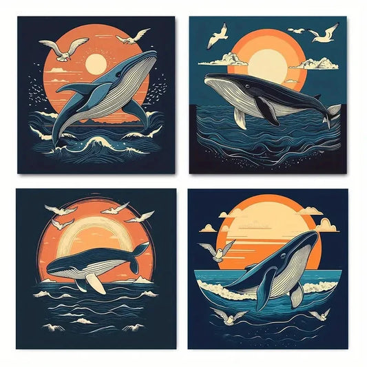 4pcs Vintage Whale & SunsetWall Art Canvas Framed