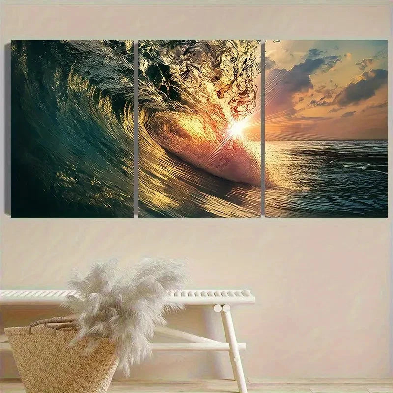 3pcs Sunset Ocean Wave Wall Art Set Canvas Framed 40x60cm - High Quality Print 100% Australian Made Wall Canvas Ready to Hang