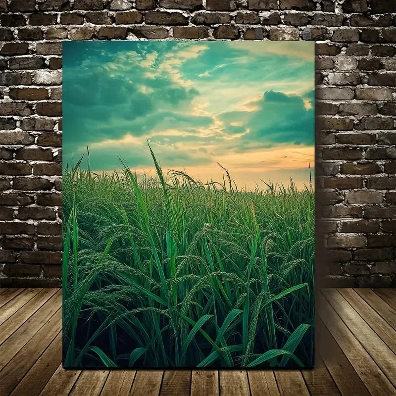 Green Sugarcane Grass Meadow Painting 40x60cm Metal Print Ready to Hang - Bella Home Decor