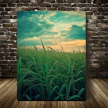 Green Sugarcane Grass Meadow Painting 40x60cm Metal Print Ready to Hang - Bella Home Decor