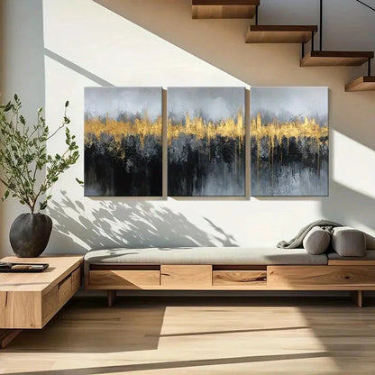 3pcs Abstract Cityscape Art Golden Brushstrokes Metal Print Ready to Hang Art - Bella Home Decor