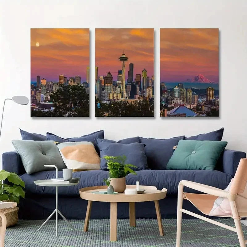 3pcs Vibrant Skyline with Space Needle Metal Print Ready to Hang Art