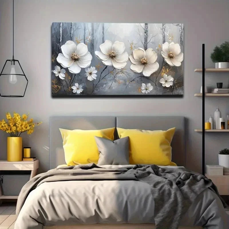 White Flowers Golden Accents Wall Art canvas office home room framed 120x60cm
