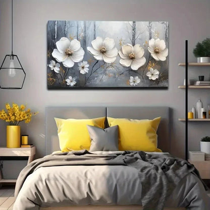 White Flowers Golden Accents Wall Art canvas office home room framed 120x60cm