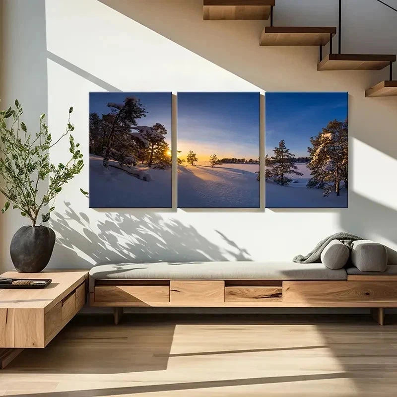 3pcs Snowscape Sunrise and Trees Modern Wall Art Set Canvas Framed 50x70cm - High Quality Print 100% Australian Made Wall Canvas Ready to Hang - Bella Home Decor