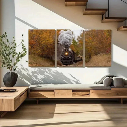 3pcs Vintage Steam Train with Autumnal Trees Wall Art Set Canvas Framed 50x70cm - High Quality Print 100% Australian Made Wall Canvas Ready to Hang