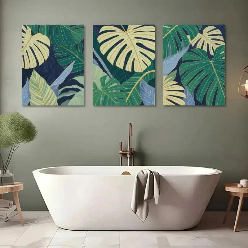3pcs Botanical Green & Blue Leaf Patterns Metal Print Ready to Hang Art - Bella Home Decor