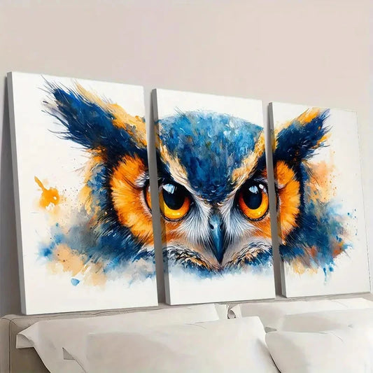 3pcs Vibrant Owl VO Wall Art Set Canvas Framed 50x70cm - High Quality Print 100% Australian Made Wall Canvas Ready to Hang
