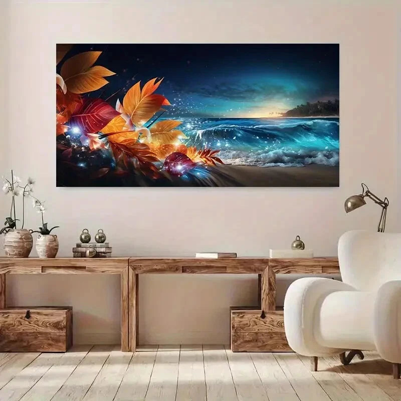 Sunset Beach and Leaves wall canvas office home room framed 120x60cm - Bella Home Decor