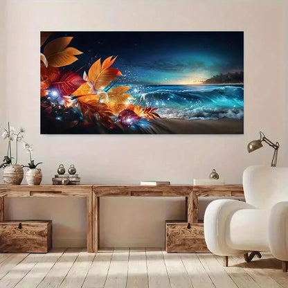 Sunset Beach and Leaves wall canvas office home room framed 120x60cm - Bella Home Decor
