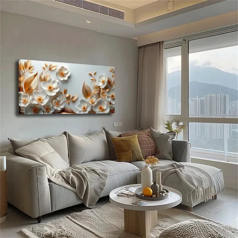 Elegant White Flowers Golden Wall Art Canvas Office Home Room Framed 120x60cm - Bella Home Decor
