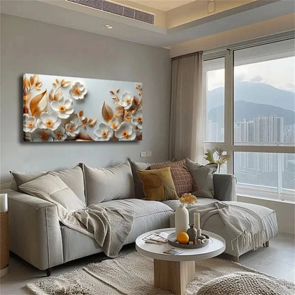 Elegant White Flowers Golden Wall Art Canvas Office Home Room Framed 120x60cm - Bella Home Decor