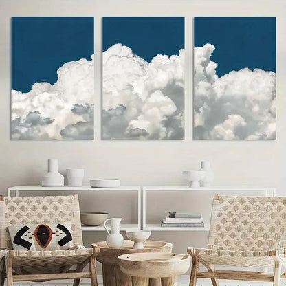 3pcs White Clouds Abstract Navy Blue Sky Natural Metal Print Ready to Hang Art - Bella Home Decor