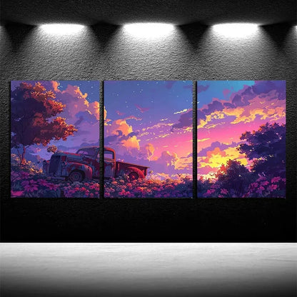 3pcs Vintage Truck & Floral Landscape Metal Print Ready to Hang Art - Bella Home Decor